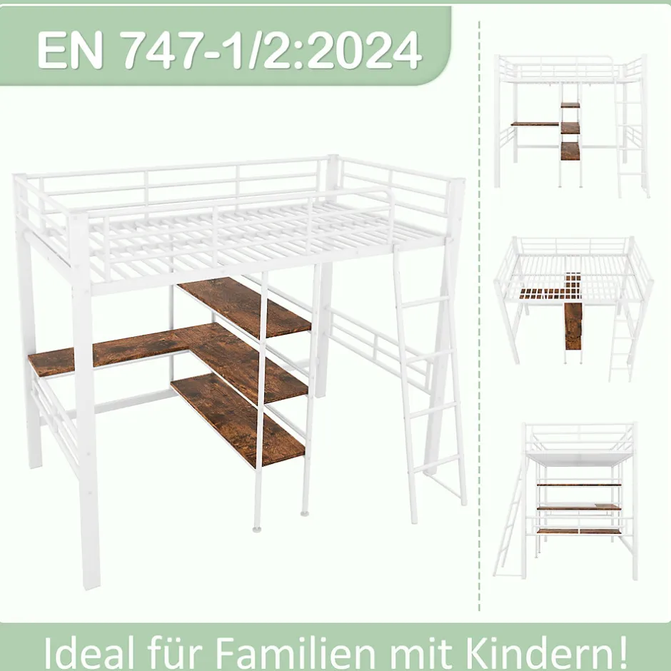 Okwish Lit Mezzanine 90x200 cm - Lit Simple avec Bureau en L, Échelle et Garde-Corps, Sans Matelas - Métal, Blanc