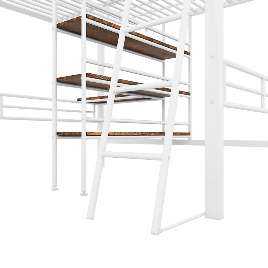 Okwish Lit Mezzanine 90x200 cm - Lit Simple avec Bureau en L, Échelle et Garde-Corps, Sans Matelas - Métal, Blanc