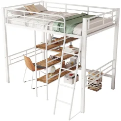 Okwish Lit Mezzanine 90x200 cm - Lit Simple avec Bureau en L, Échelle et Garde-Corps, Sans Matelas - Métal, Blanc