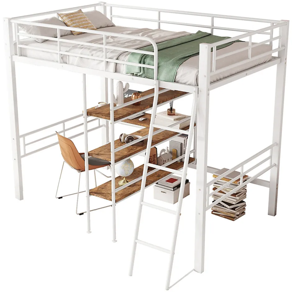 Okwish Lit Mezzanine 90x200 cm - Lit Simple avec Bureau en L, Échelle et Garde-Corps, Sans Matelas - Métal, Blanc