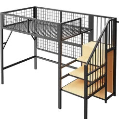 Okwish Lit mezzanine 90x200 cm - Lit simple déco avec éclairage LED et rangement sous lit - Armoire ouverte en MDF et métal - Noir Discount