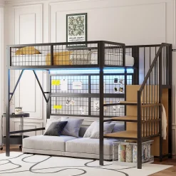 Okwish Lit mezzanine 90x200 cm - Lit simple déco avec éclairage LED et rangement sous lit - Armoire ouverte en MDF et métal - Noir Discount