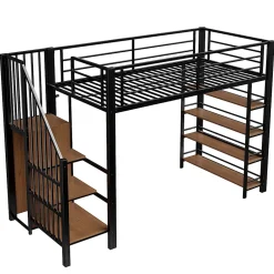 Okwish Lit Mezzanine 90x200 cm - Lit Simple avec Escalier Sécurisé et Rangement Intégré, Structure Métal et MDF, Sans Matelas - Noir
