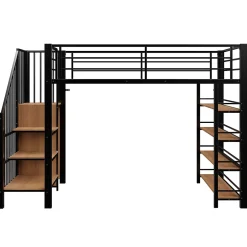 Okwish Lit Mezzanine 90x200 cm - Lit Simple avec Escalier Sécurisé et Rangement Intégré, Structure Métal et MDF, Sans Matelas - Noir