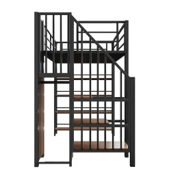 Okwish Lit Mezzanine 90x200 cm - Lit Simple avec Escalier Sécurisé et Rangement Intégré, Structure Métal et MDF, Sans Matelas - Noir