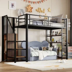 Okwish Lit Mezzanine 90x200 cm - Lit Simple avec Escalier Sécurisé et Rangement Intégré, Structure Métal et MDF, Sans Matelas - Noir