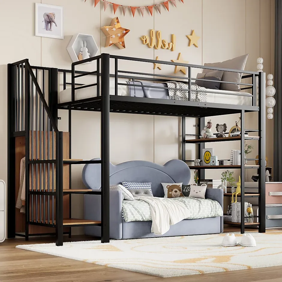 Okwish Lit Mezzanine 90x200 cm - Lit Simple avec Escalier Sécurisé et Rangement Intégré, Structure Métal et MDF, Sans Matelas - Noir