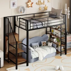 Okwish Lit Mezzanine 90x200 cm - Lit Simple avec Escalier Sécurisé et Rangement Intégré, Structure Métal et MDF, Sans Matelas - Noir