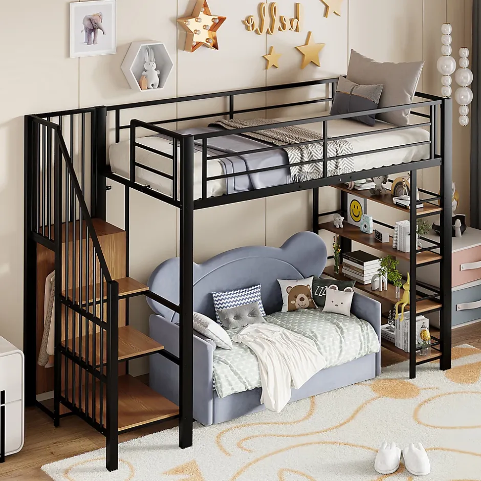 Okwish Lit Mezzanine 90x200 cm - Lit Simple avec Escalier Sécurisé et Rangement Intégré, Structure Métal et MDF, Sans Matelas - Noir