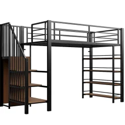 Okwish Lit Mezzanine 90x200 cm - Lit Simple avec Escalier Sécurisé et Rangement Intégré, Structure Métal et MDF, Sans Matelas - Noir