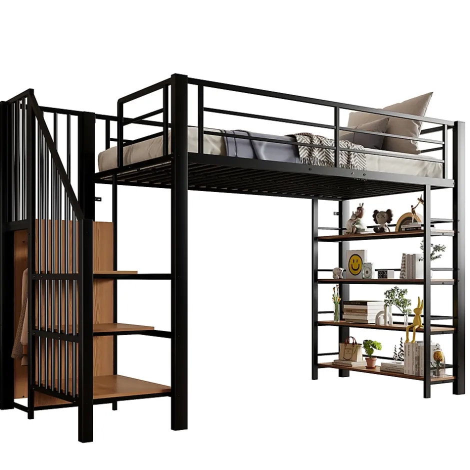 Okwish Lit Mezzanine 90x200 cm - Lit Simple avec Escalier Sécurisé et Rangement Intégré, Structure Métal et MDF, Sans Matelas - Noir