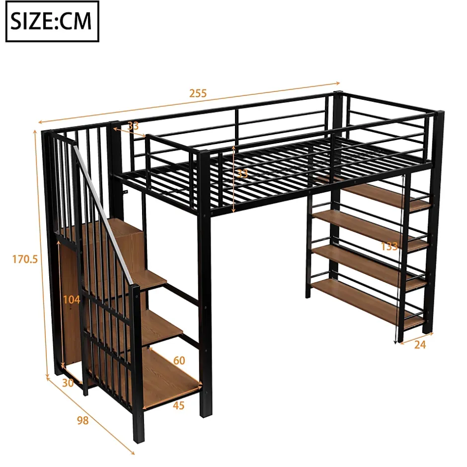 Okwish Lit Mezzanine 90x200 cm - Lit Simple avec Escalier Sécurisé et Rangement Intégré, Structure Métal et MDF, Sans Matelas - Noir