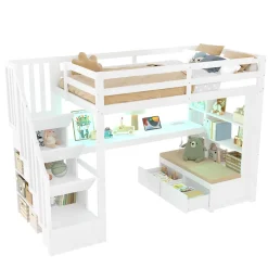 Okwish Lit Mezzanine 90x200 cm - Lit Simple avec Bureau et Étagères, LED Intégrée, sans Matelas - MDF Blanc New
