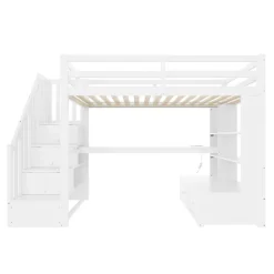 Okwish Lit Mezzanine 90x200 cm - Lit Simple avec Bureau et Étagères, LED Intégrée, sans Matelas - MDF Blanc New