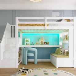 Okwish Lit Mezzanine 90x200 cm - Lit Simple avec Bureau et Étagères, LED Intégrée, sans Matelas - MDF Blanc New