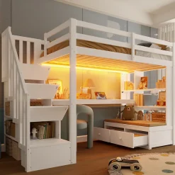Okwish Lit Mezzanine 90x200 cm - Lit Simple avec Bureau et Étagères, LED Intégrée, sans Matelas - MDF Blanc New