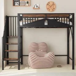 Okwish Lit Mezzanine 90x200 cm - Lit Simple avec Barrières de Sécurité et Échelle, Sans Matelas - Métal et Bois Noir