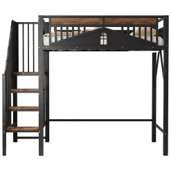 Okwish Lit Mezzanine 90x200 cm - Lit Simple avec Barrières de Sécurité et Échelle, Sans Matelas - Métal et Bois Noir