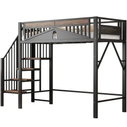 Okwish Lit Mezzanine 90x200 cm - Lit Simple avec Barrières de Sécurité et Échelle, Sans Matelas - Métal et Bois Noir