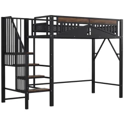 Okwish Lit Mezzanine 90x200 cm - Lit Simple avec Barrières de Sécurité et Échelle, Sans Matelas - Métal et Bois Noir