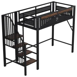 Okwish Lit Mezzanine 90x200 cm - Lit Simple avec Barrières de Sécurité et Échelle, Sans Matelas - Métal et Bois Noir