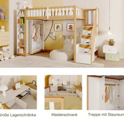 Okwish Lit Mezzanine 90x200 cm - Lit Simple avec Escalier Sécurisé, Armoire et Étagères de Rangement, Pin et MDF, Blanc et Bois Naturel