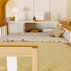 Okwish Lit Mezzanine 90x200 cm - Lit Simple avec Escalier Sécurisé, Armoire et Étagères de Rangement, Pin et MDF, Blanc et Bois Naturel
