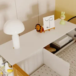 Okwish Lit Mezzanine 90x200 cm - Lit Simple avec Escalier Sécurisé, Armoire et Étagères de Rangement, Pin et MDF, Blanc et Bois Naturel