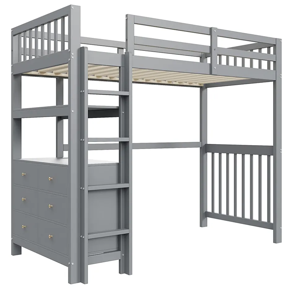 Generique Lit Mezzanine 90x200 cm - Lit Simple avec Échelle Verticale, Tiroirs et Étagères de Rangement, Sans Matelas - Gris New