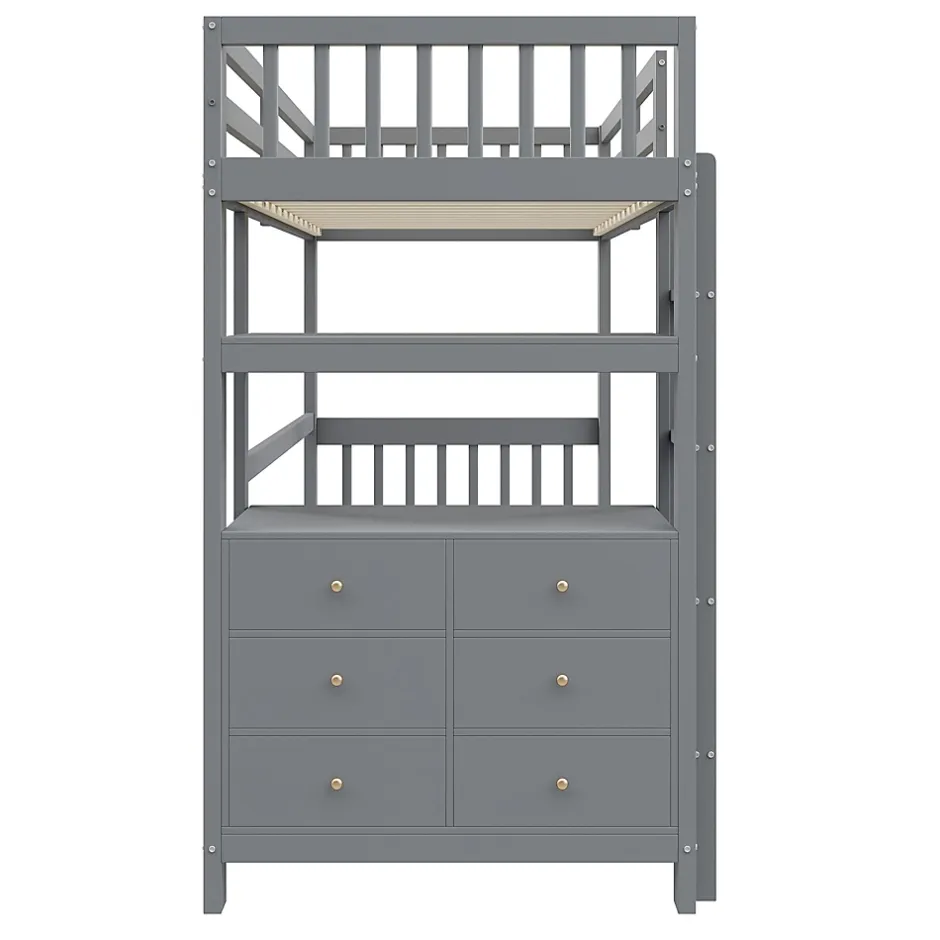Generique Lit Mezzanine 90x200 cm - Lit Simple avec Échelle Verticale, Tiroirs et Étagères de Rangement, Sans Matelas - Gris New