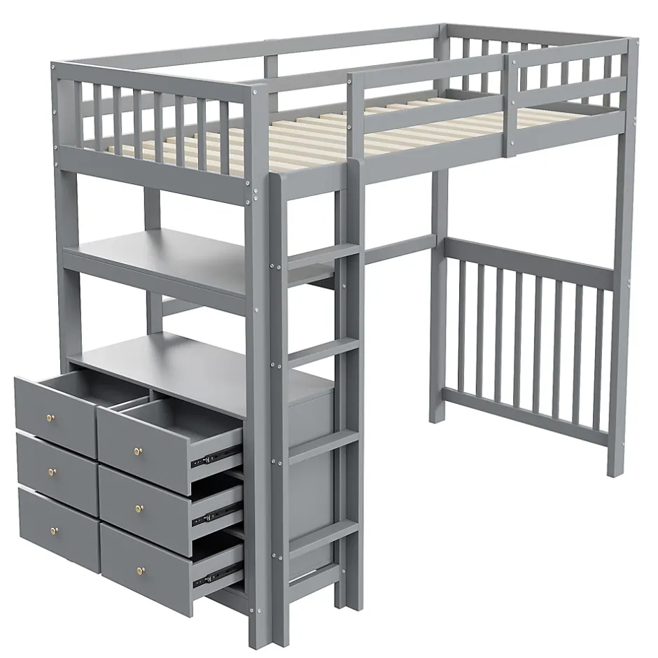 Generique Lit Mezzanine 90x200 cm - Lit Simple avec Échelle Verticale, Tiroirs et Étagères de Rangement, Sans Matelas - Gris New