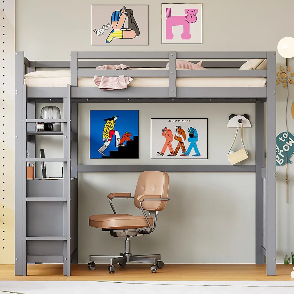 Generique Lit Mezzanine 90x200 cm - Lit Simple avec Échelle Verticale, Tiroirs et Étagères de Rangement, Sans Matelas - Gris New