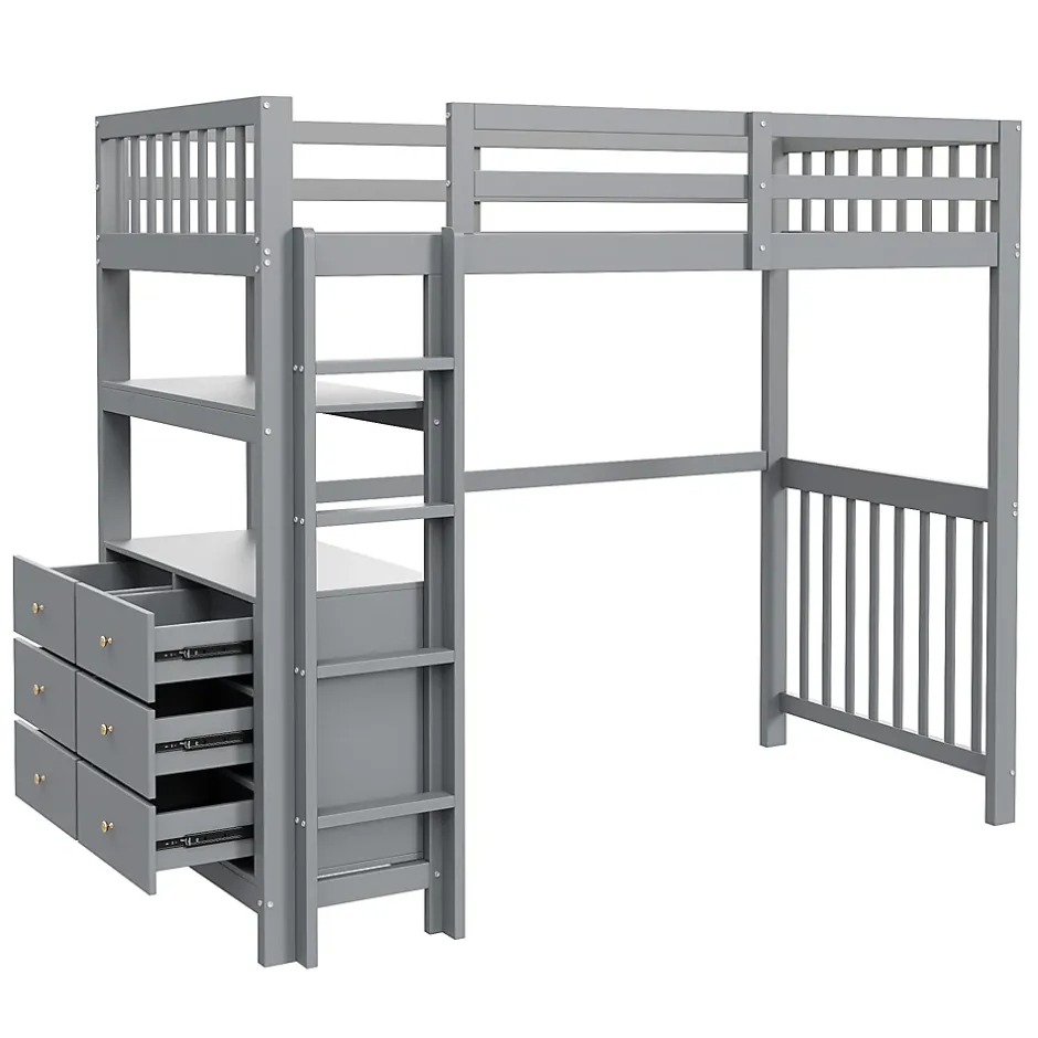 Generique Lit Mezzanine 90x200 cm - Lit Simple avec Échelle Verticale, Tiroirs et Étagères de Rangement, Sans Matelas - Gris New