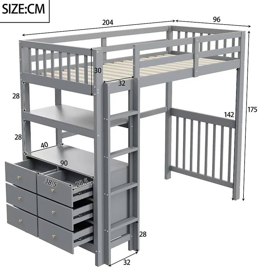 Generique Lit Mezzanine 90x200 cm - Lit Simple avec Échelle Verticale, Tiroirs et Étagères de Rangement, Sans Matelas - Gris New