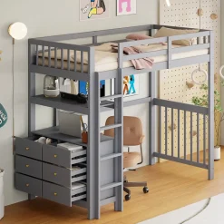 Generique Lit Mezzanine 90x200 cm - Lit Simple avec Échelle Verticale, Tiroirs et Étagères de Rangement, Sans Matelas - Gris New