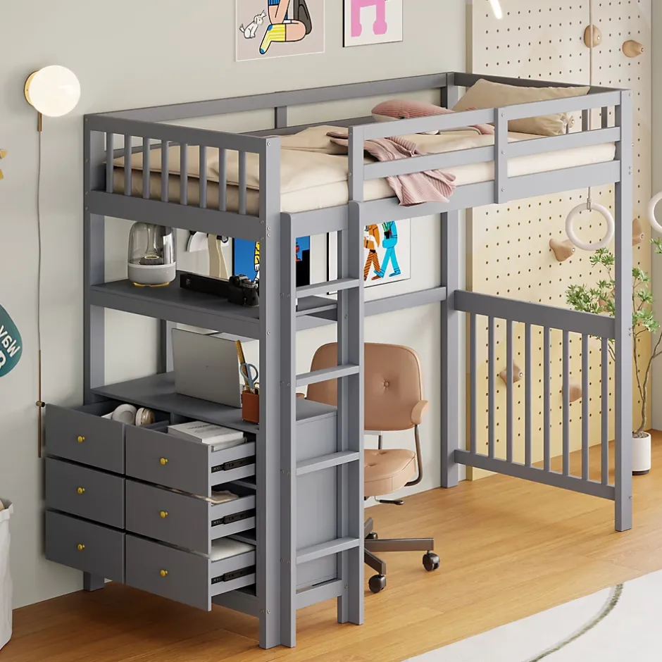 Generique Lit Mezzanine 90x200 cm - Lit Simple avec Échelle Verticale, Tiroirs et Étagères de Rangement, Sans Matelas - Gris New