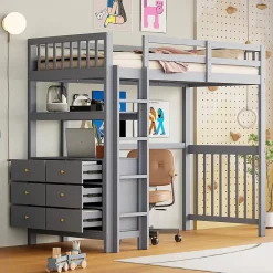 Generique Lit Mezzanine 90x200 cm - Lit Simple avec Échelle Verticale, Tiroirs et Étagères de Rangement, Sans Matelas - Gris New