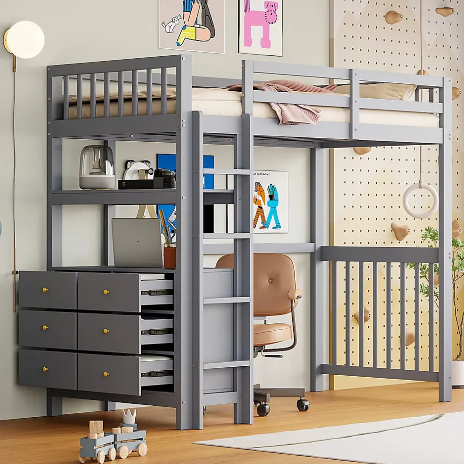 Generique Lit Mezzanine 90x200 cm - Lit Simple avec Échelle Verticale, Tiroirs et Étagères de Rangement, Sans Matelas - Gris New
