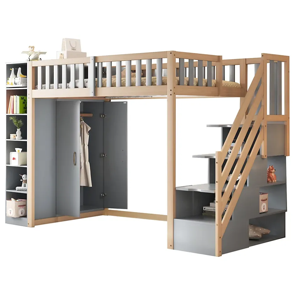 Okwish Lit Mezzanine 90x200 cm - Lit Simple avec Escalier Sécurisé, Armoire et Étagères de Rangement, Pin et MDF, Gris et Bois Naturel Discount