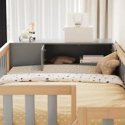 Okwish Lit Mezzanine 90x200 cm - Lit Simple avec Escalier Sécurisé, Armoire et Étagères de Rangement, Pin et MDF, Gris et Bois Naturel Discount