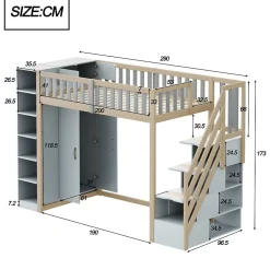 Okwish Lit Mezzanine 90x200 cm - Lit Simple avec Escalier Sécurisé, Armoire et Étagères de Rangement, Pin et MDF, Gris et Bois Naturel Discount