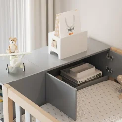 Okwish Lit Mezzanine 90x200 cm - Lit Simple avec Escalier Sécurisé, Armoire et Étagères de Rangement, Pin et MDF, Gris et Bois Naturel Discount