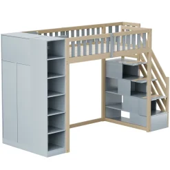 Okwish Lit Mezzanine 90x200 cm - Lit Simple avec Escalier Sécurisé, Armoire et Étagères de Rangement, Pin et MDF, Gris et Bois Naturel Discount