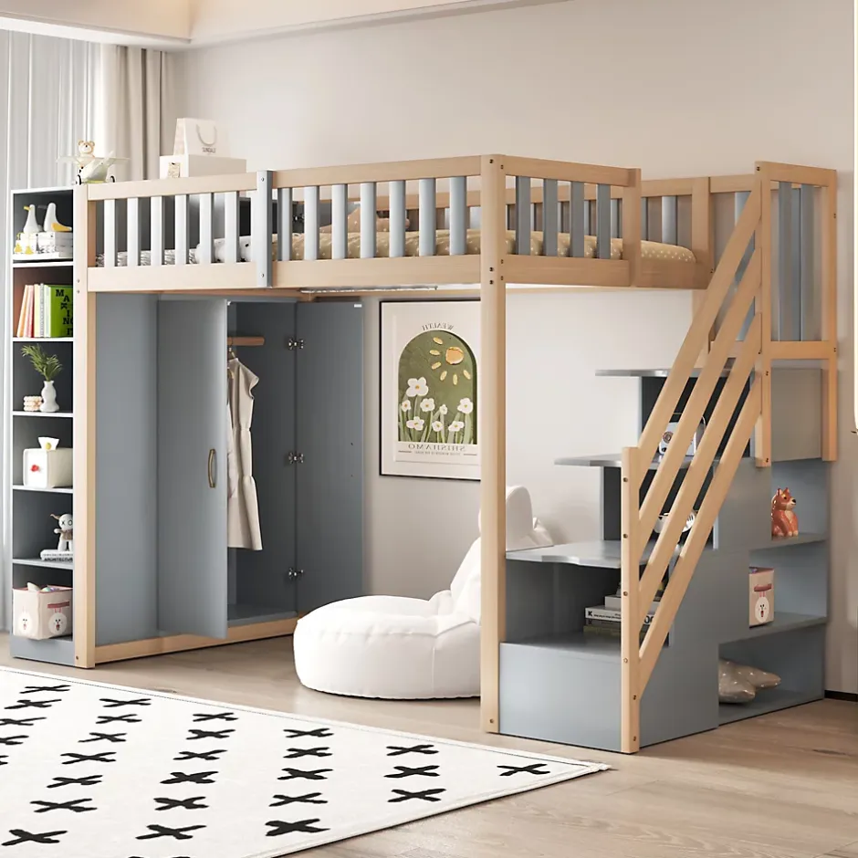 Okwish Lit Mezzanine 90x200 cm - Lit Simple avec Escalier Sécurisé, Armoire et Étagères de Rangement, Pin et MDF, Gris et Bois Naturel Discount
