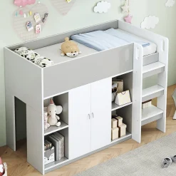 Okwish Lit mezzanine 90x200 cm - Lit simple avec échelle intégrée, placard pratique et rangements - Pin et MDF - Gris