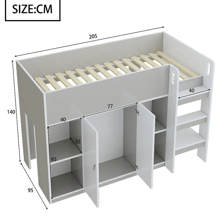 Okwish Lit mezzanine 90x200 cm - Lit simple avec échelle intégrée, placard pratique et rangements - Pin et MDF - Gris