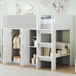 Okwish Lit mezzanine 90x200 cm - Lit simple avec échelle intégrée, placard pratique et rangements - Pin et MDF - Gris