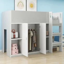 Okwish Lit mezzanine 90x200 cm - Lit simple avec échelle intégrée, placard pratique et rangements - Pin et MDF - Gris
