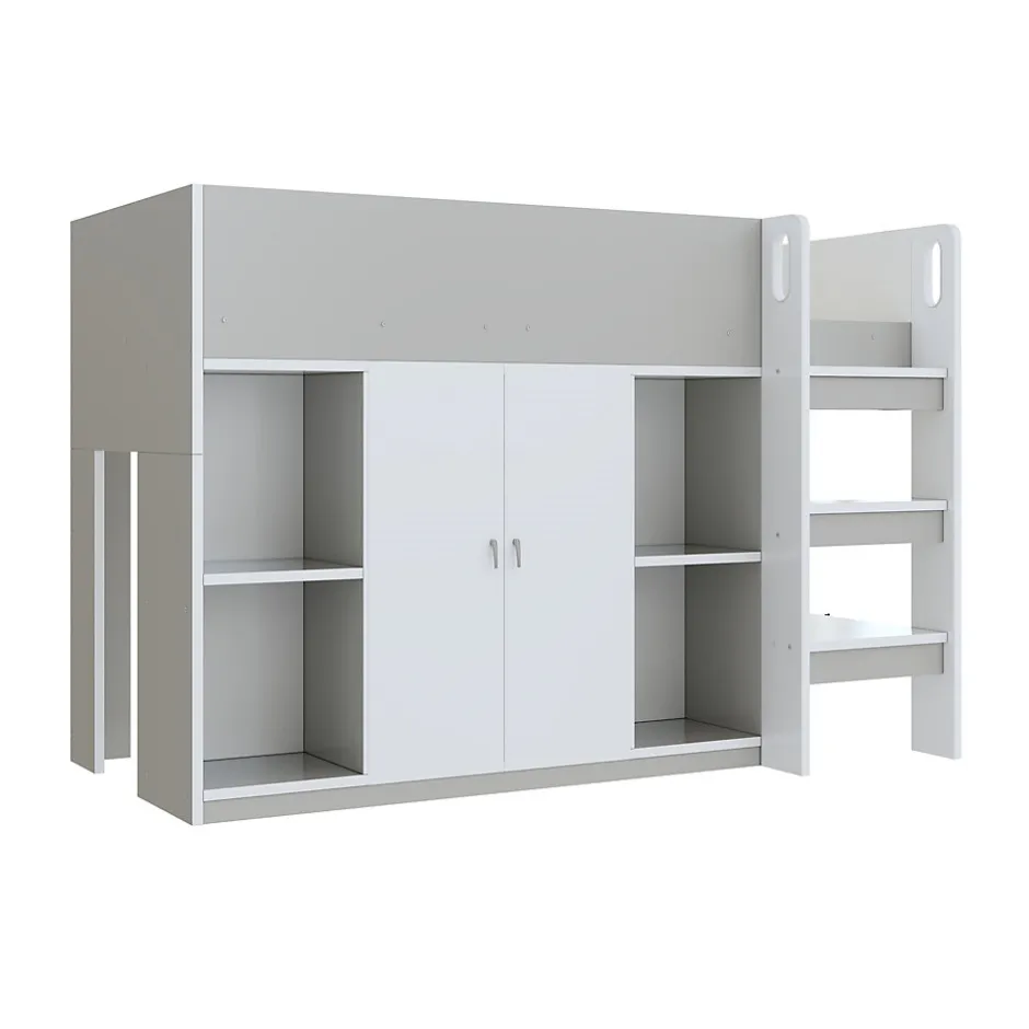 Okwish Lit mezzanine 90x200 cm - Lit simple avec échelle intégrée, placard pratique et rangements - Pin et MDF - Gris