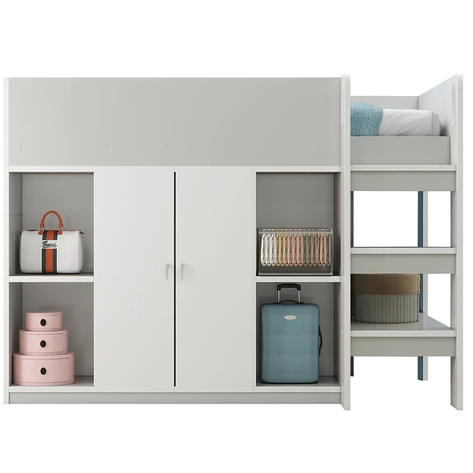 Okwish Lit mezzanine 90x200 cm - Lit simple avec échelle intégrée, placard pratique et rangements - Pin et MDF - Gris